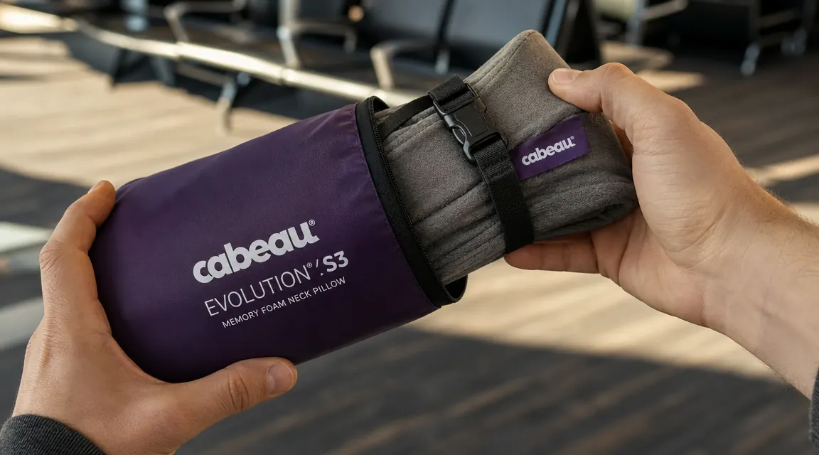 Hands unrolling a Cabeau Evolution S3 memory foam neck pillow from its travel pouch