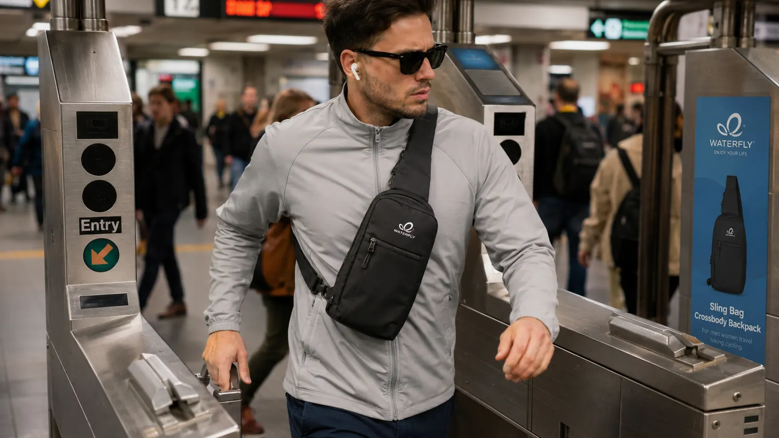 Close-up of WATERFLY RFID sling bag being worn on chest while navigating a crowded subway turnstile