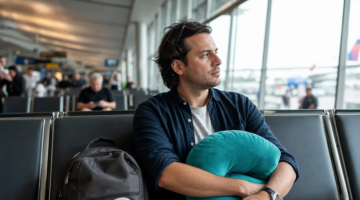 Traveler looking refreshed at an airport gate after a red-eye flight, neck pillow in lap