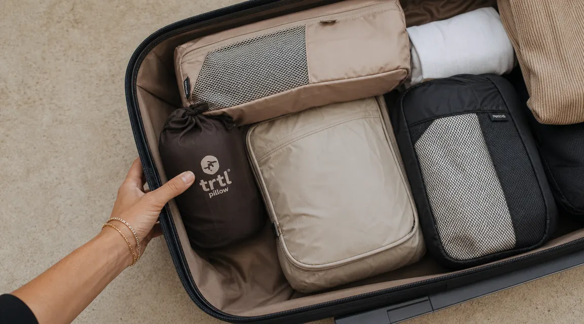 Overhead view of a packed carry-on bag with a compressed travel pillow in a small pouch, surrounded by packing cubes