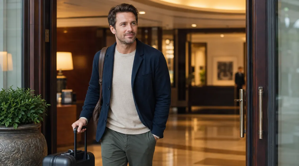 Morning arrival at a hotel, traveler looking rested with carry-on luggage in hand