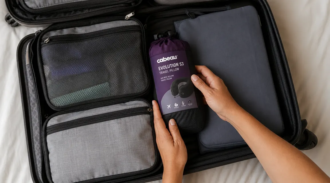 Neck pillow packed flat inside a carry-on bag alongside a laptop and packing cubes