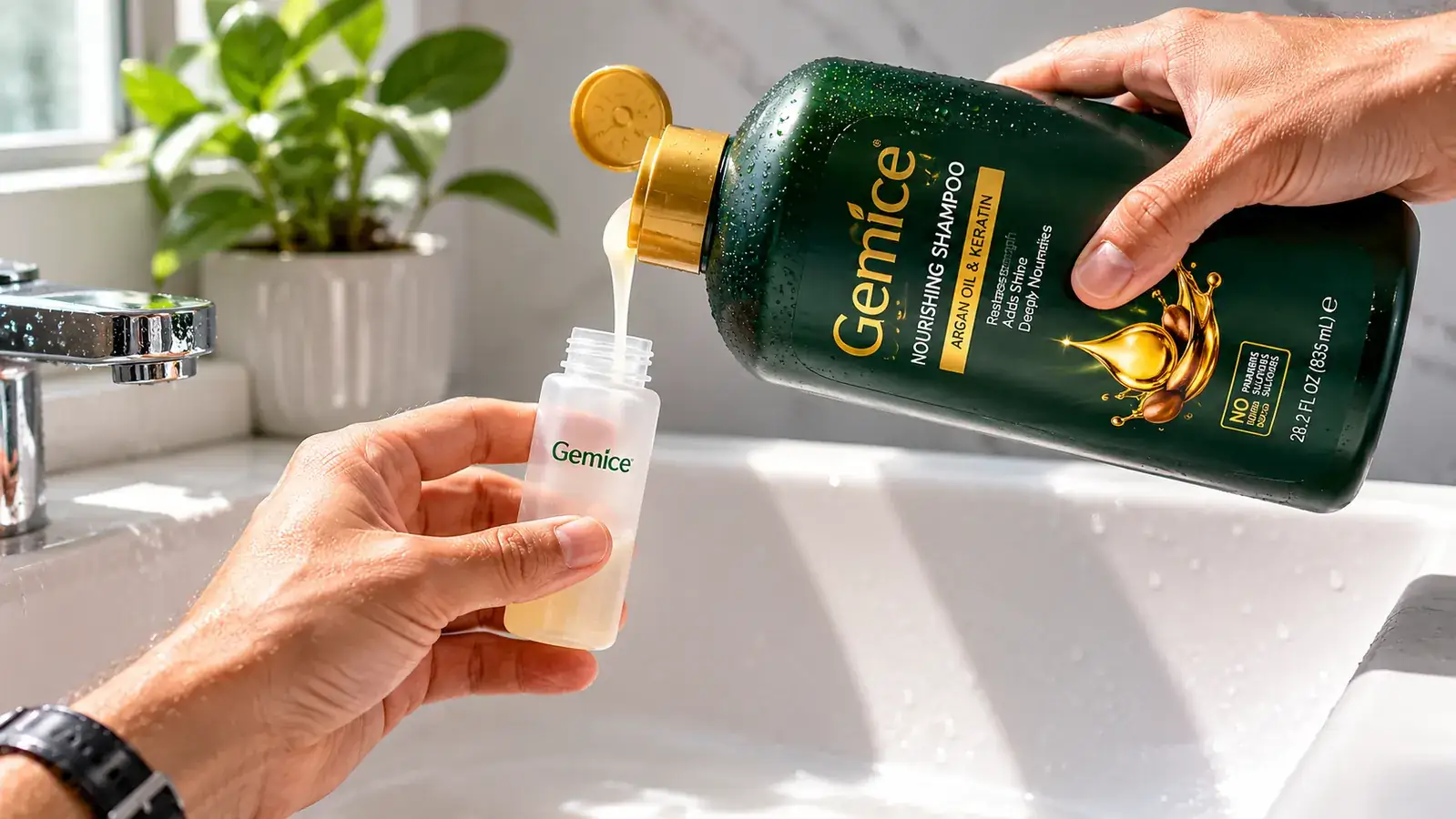 Hand holding a small clear Gemice travel bottle being filled from a full-size shampoo bottle at a bathroom sink