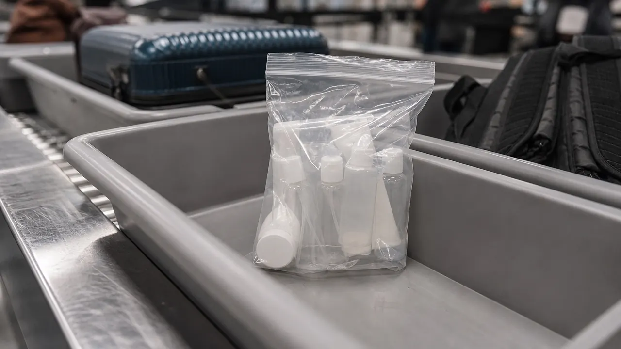 Gemice travel bottle set inside a clear TSA quart bag on an airport security conveyor