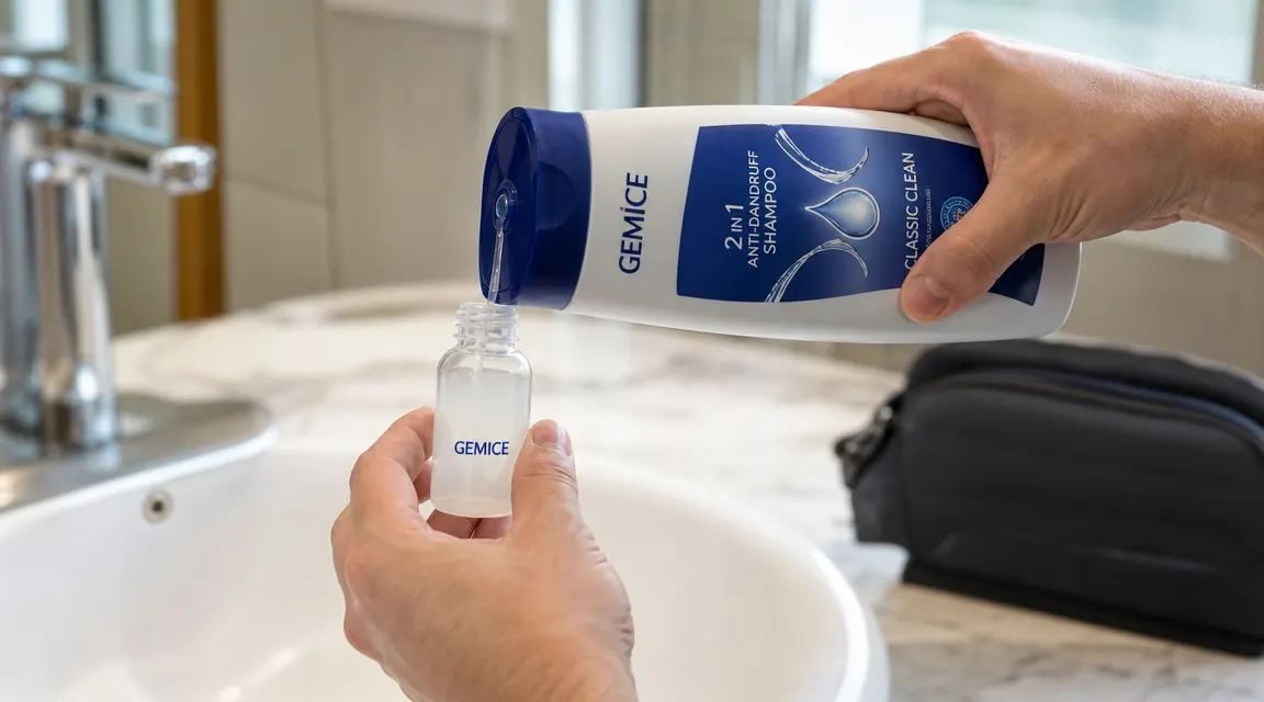 Hands filling a Gemice travel bottle with shampoo over a bathroom sink