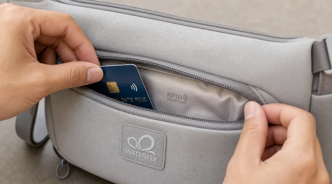 Close-up of the WATERFLY RFID sling bag's front zipper pocket with a credit card being slid inside