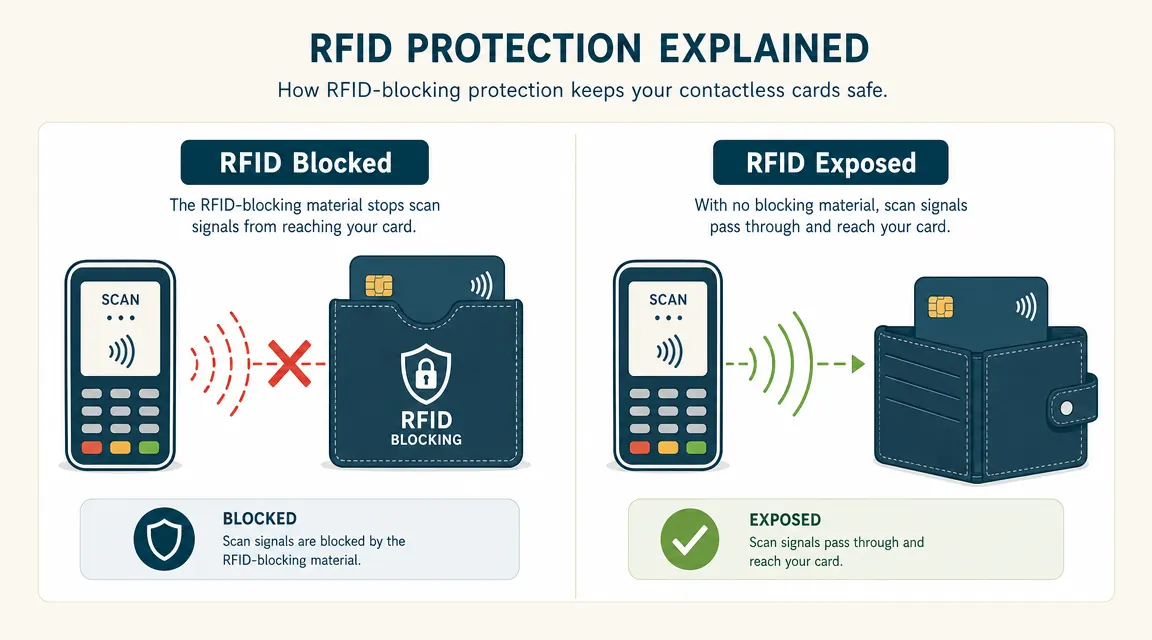 Diagram showing RFID signal blocked by bag lining versus unshielded wallet being scanned