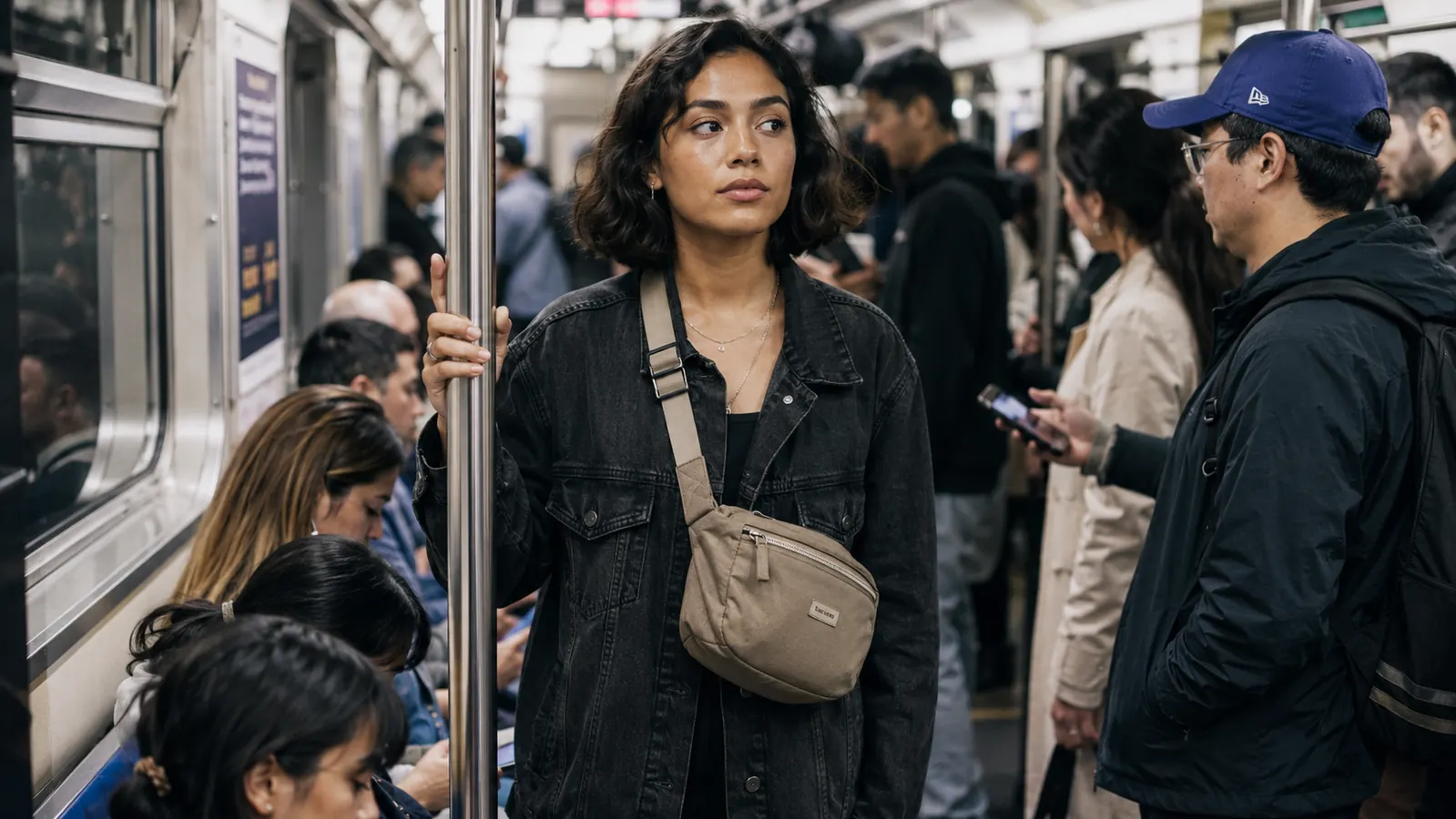 Traveler on a metro train keeping her sling bag on her front while surrounded by other passengers
