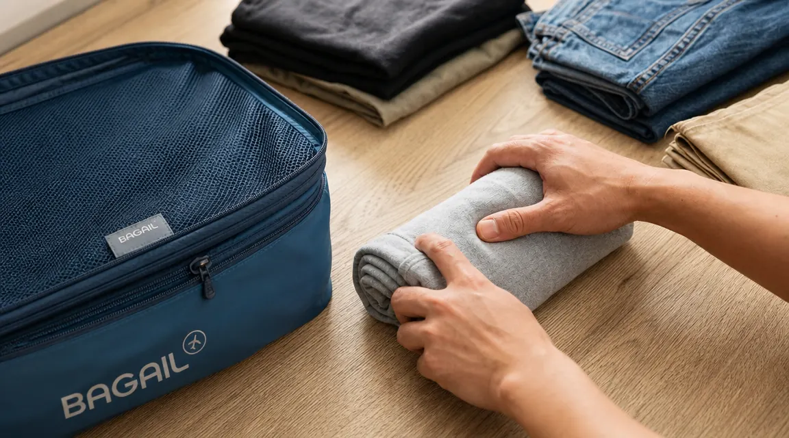Hands rolling a t-shirt on a wooden table next to an open BAGAIL packing cube