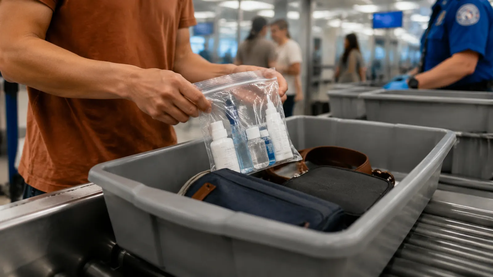 Traveler placing a clear quart-size bag of toiletries into a gray airport security bin