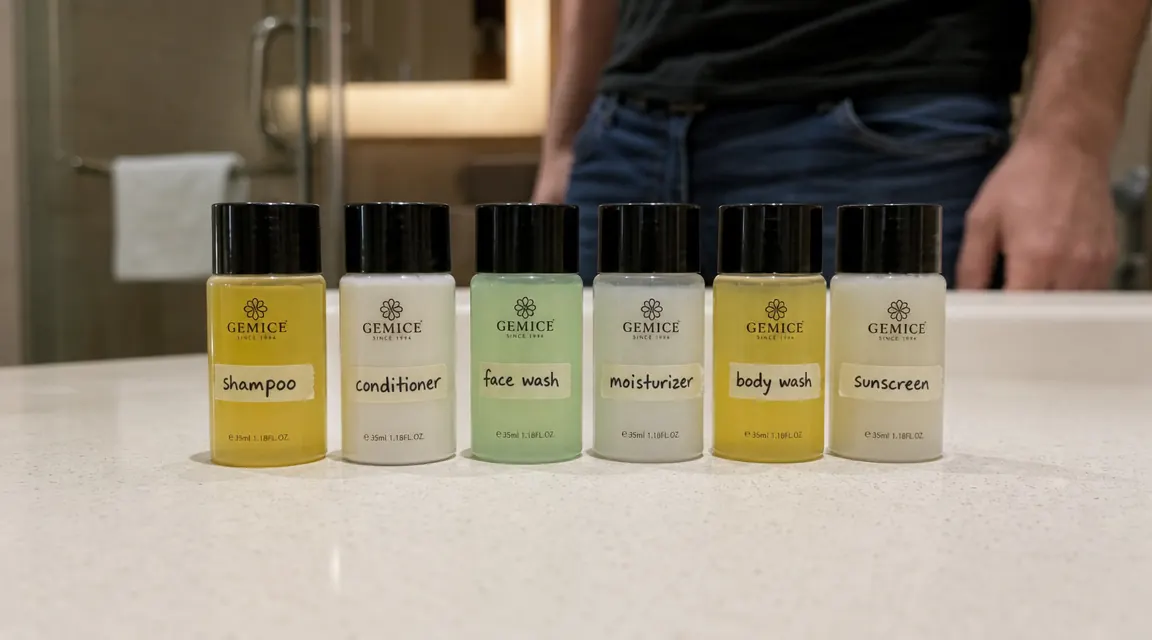 Six small labeled refillable travel bottles lined up on a hotel bathroom counter