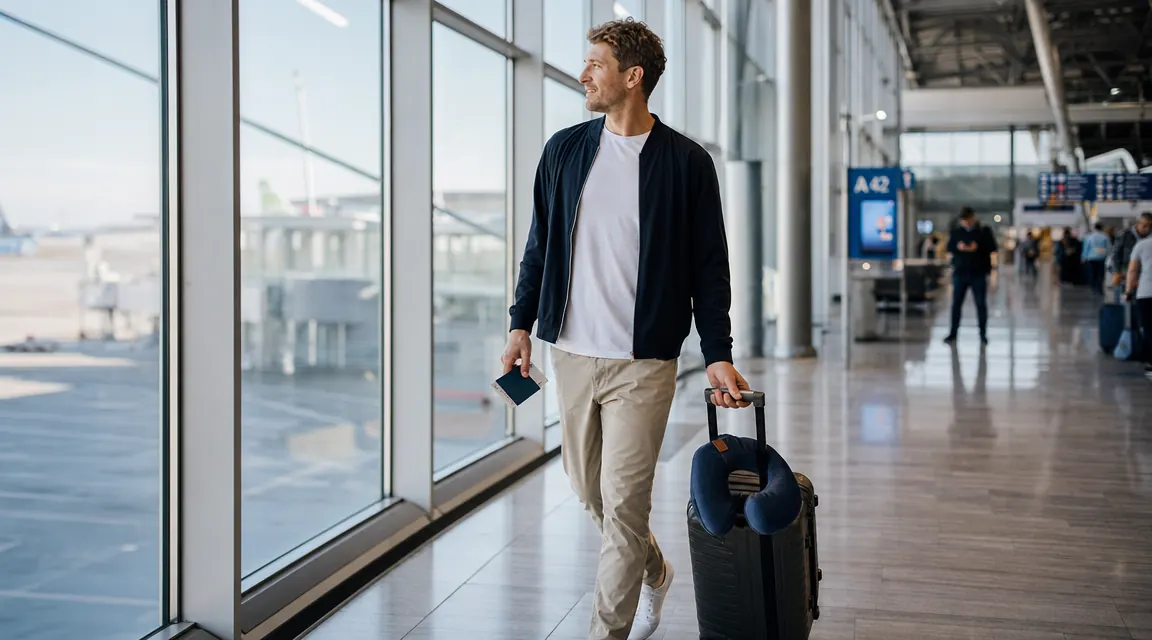 Traveler walking through an airport terminal with a memory foam neck pillow clipped to the outside of a carry-on bag handle