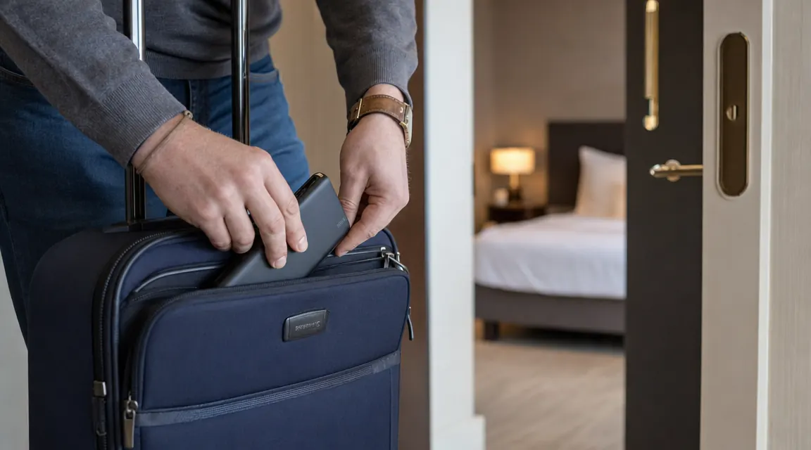 Traveler placing the INIU power bank into the front pocket of dark carry-on luggage at a hotel room door