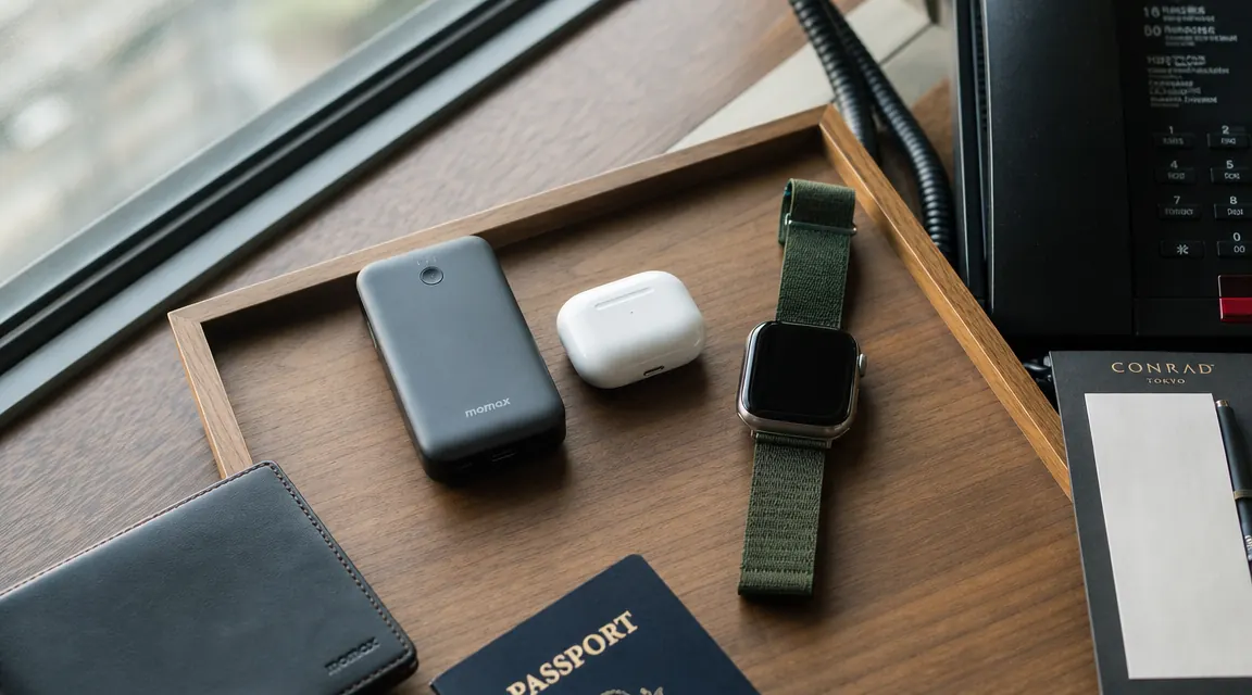 INIU power bank, earbuds case, and smartwatch laid out on a wooden tray beside a hotel window