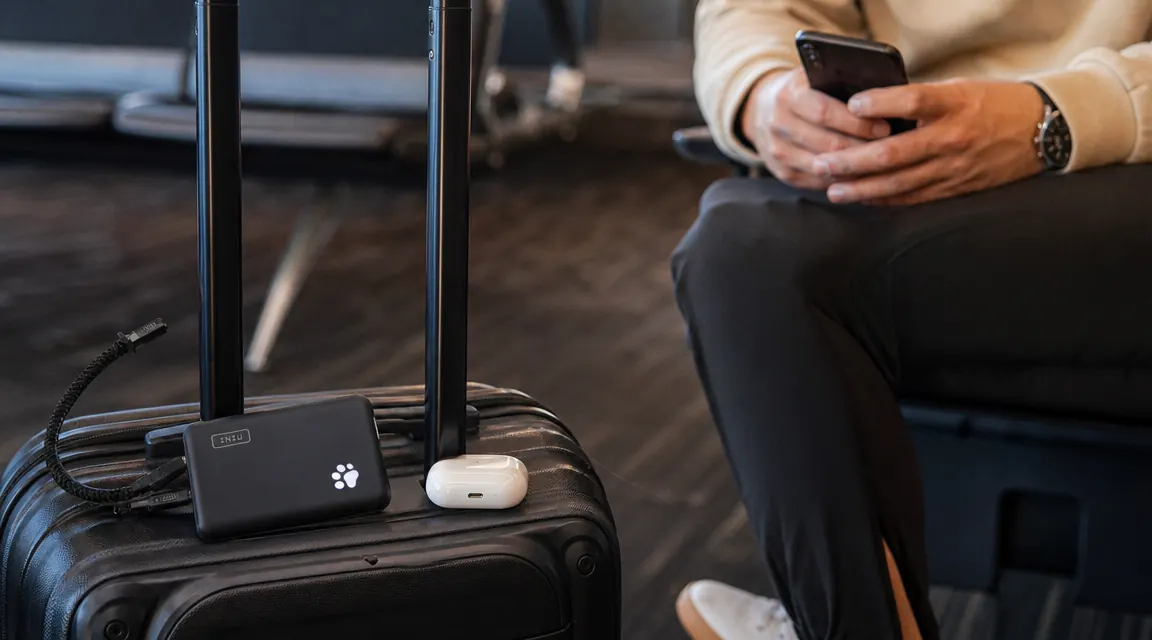 INIU power bank and a pair of wireless earbuds on a carry-on bag in an airport lounge