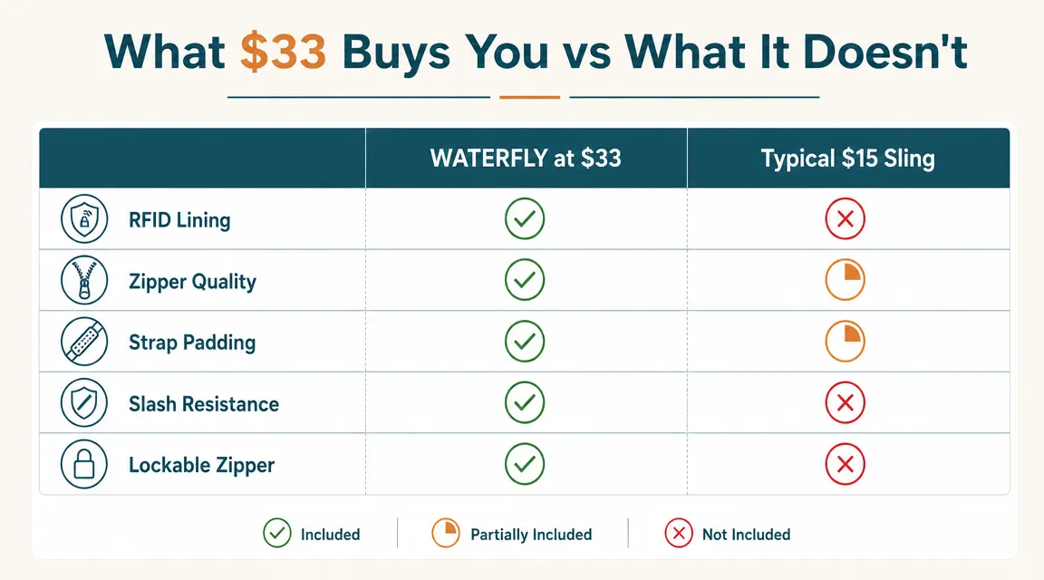 Side-by-side comparison chart of WATERFLY sling bag versus typical budget travel sling on key specs: RFID protection, zipper quality, strap padding, slash resistance, price