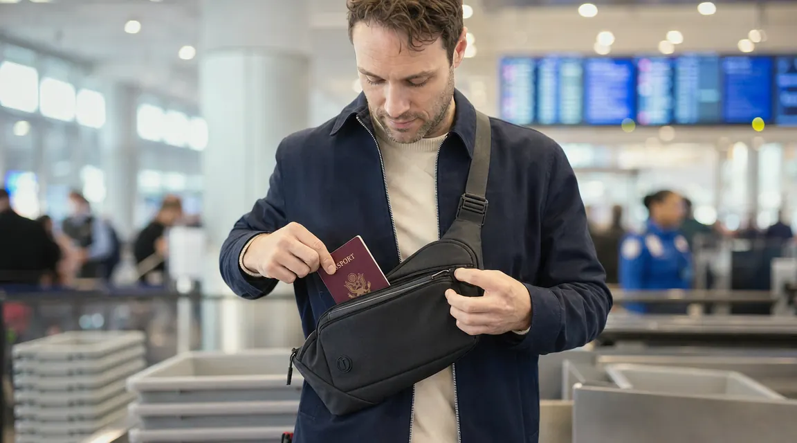 Traveler calmly reaching into a crossbody sling bag to retrieve a passport at airport security